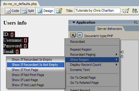 if you have a form, make sure the whole form is tucked inside that Show If Recordset Is Not Empty.